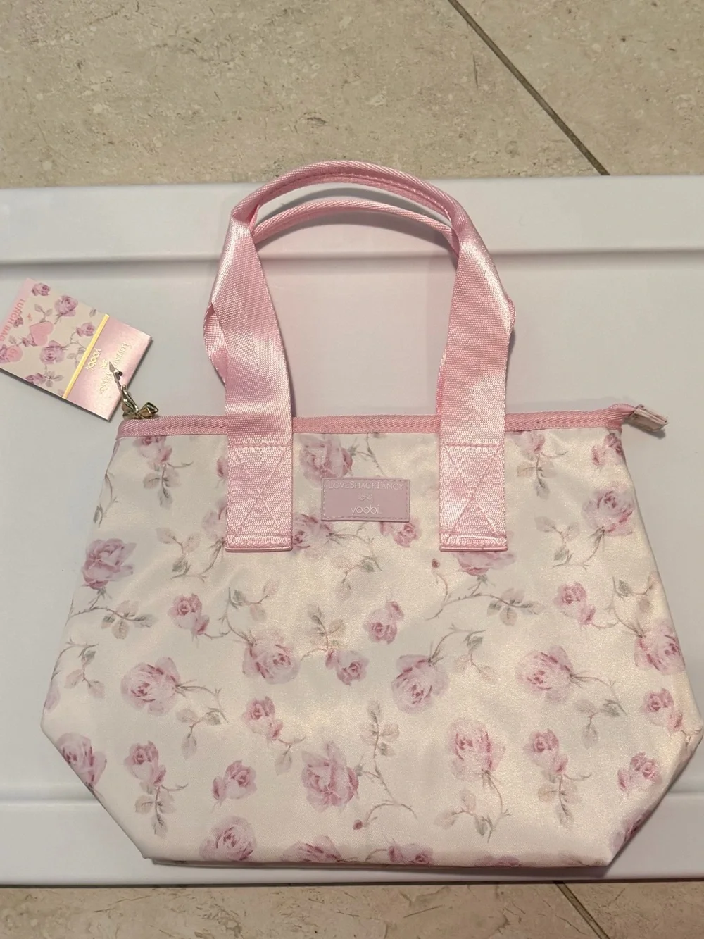 New LoveShackFancy Floral Pink Lunch Tote Bag with Pink Handles